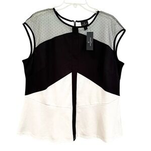 Worthington Sleeveless Peplum Blouse Women's 1X Black White Career Casual NWT‎